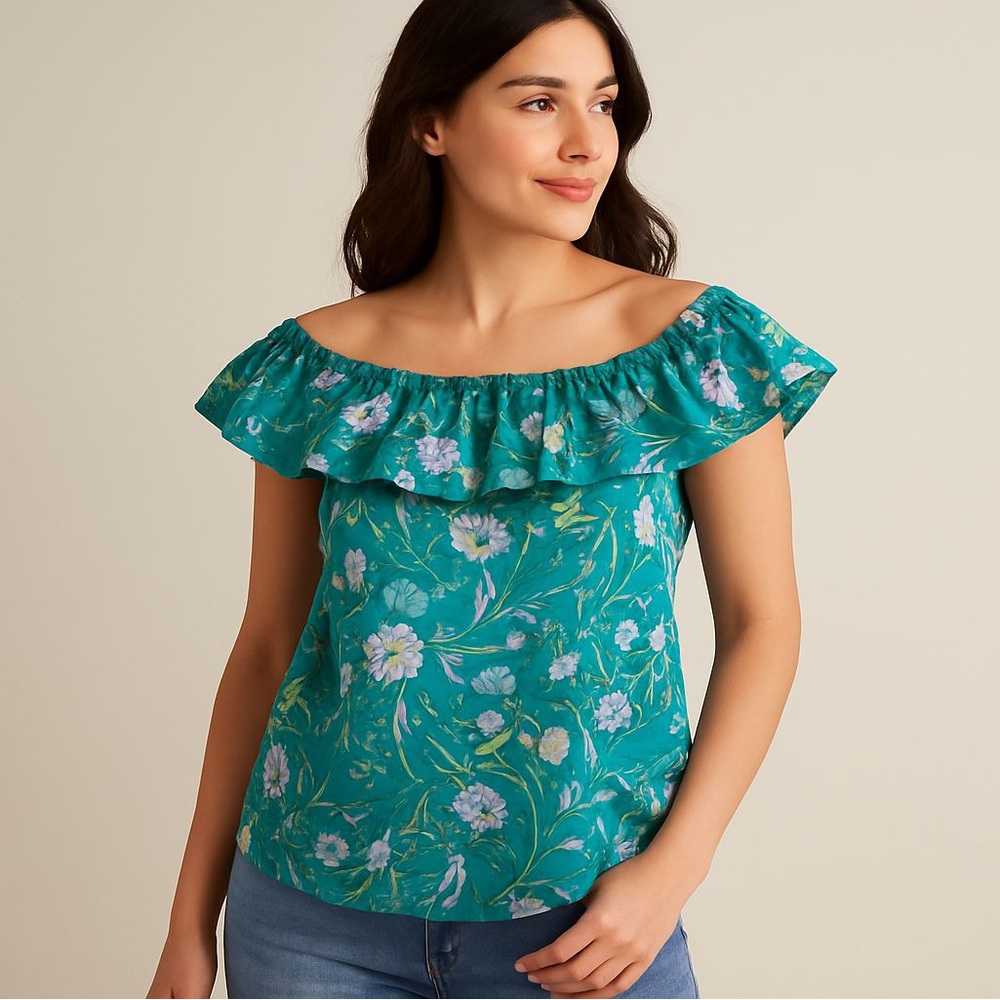 LOFT Teal Floral Ruffle Blouse